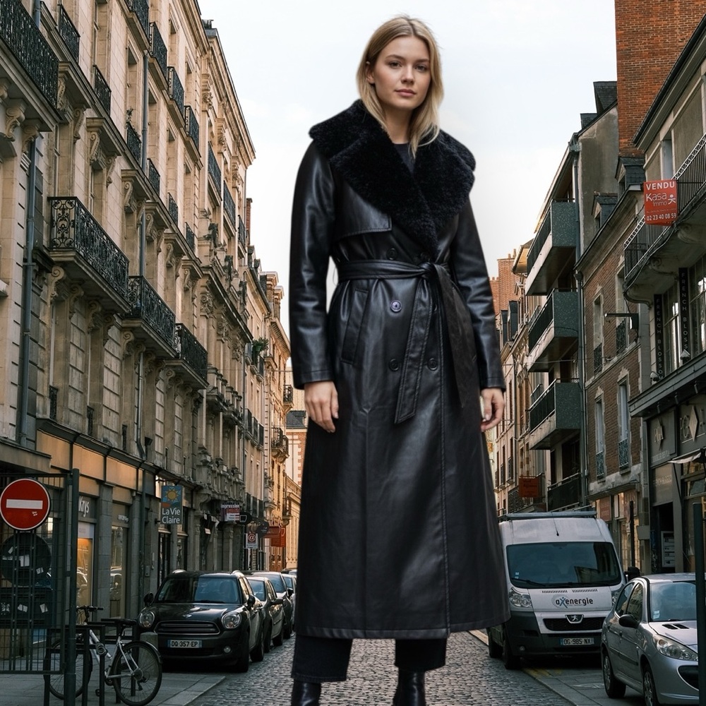 Vintage style SHEIN Black Faux Leather Long Trench Coat with Shearling Collar - Picture 8 of 17